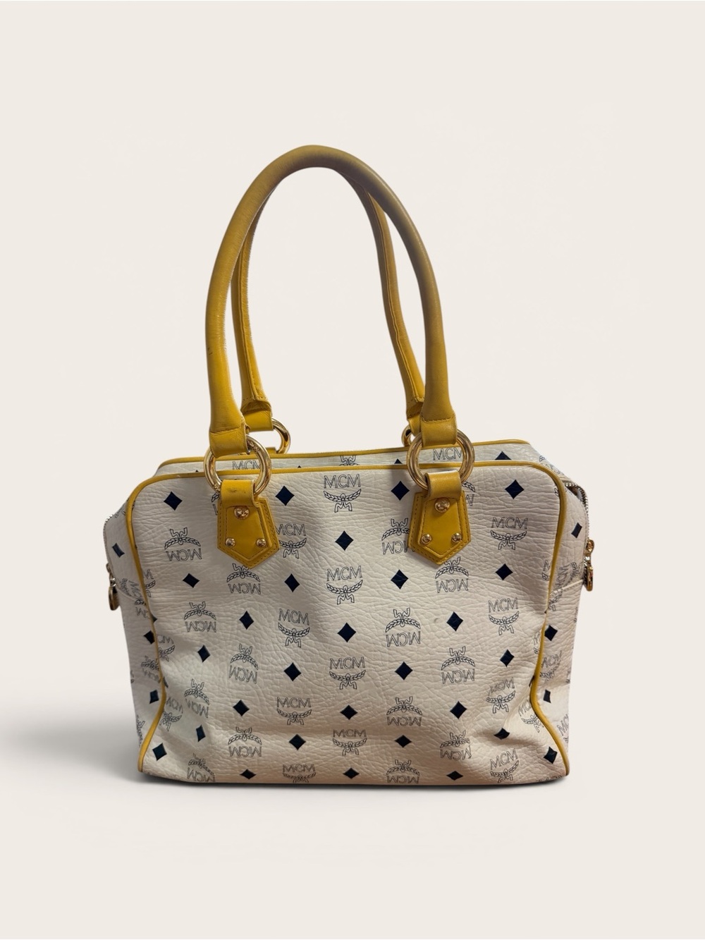 MCM White Visetos Satchel with Yellow Trim - Picture 2 of 3